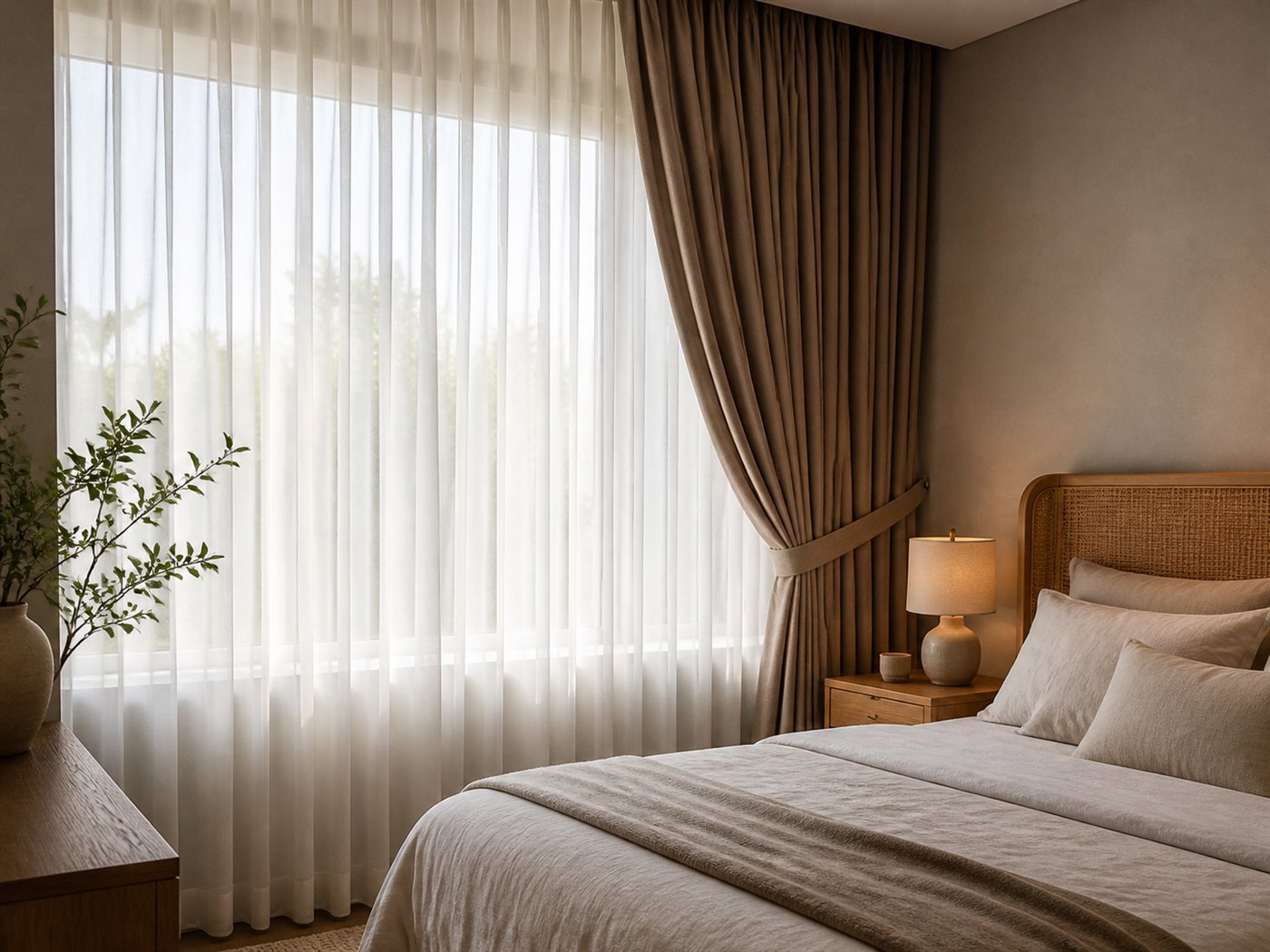 Bedroom with layered day and night curtains