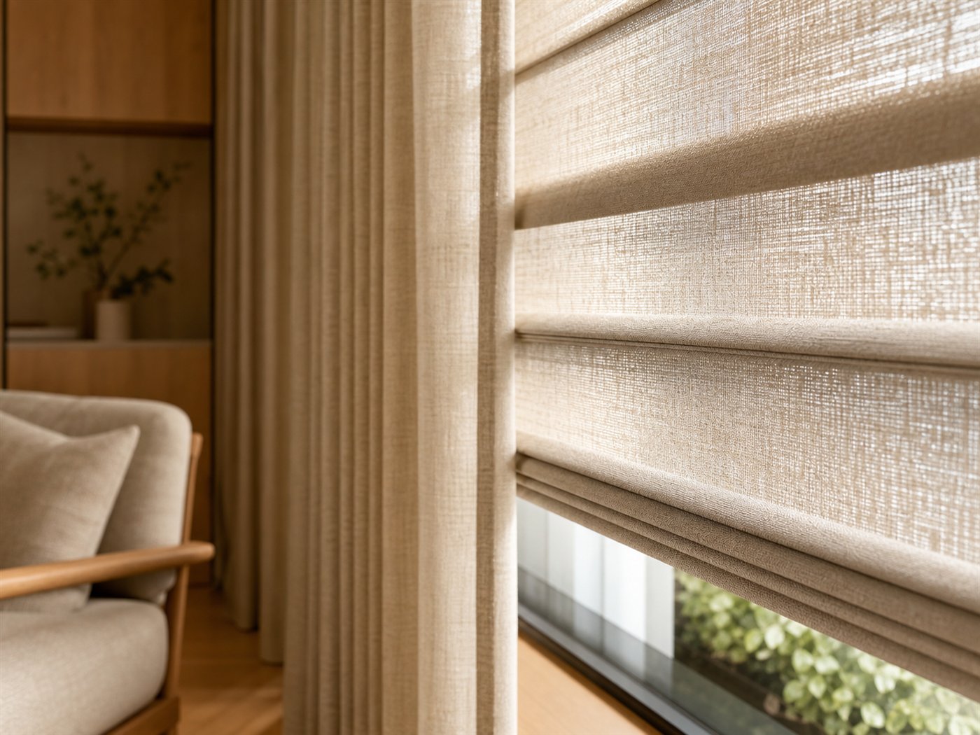 Textured linen blinds for Japandi interiors
