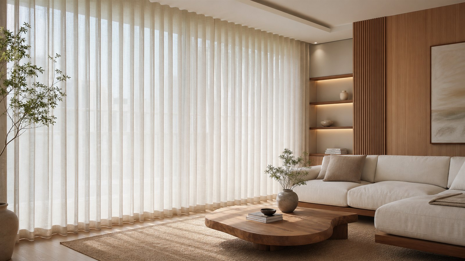 Warm modern living room with linen ripple fold curtains by ESHINE Curtain and Blinds