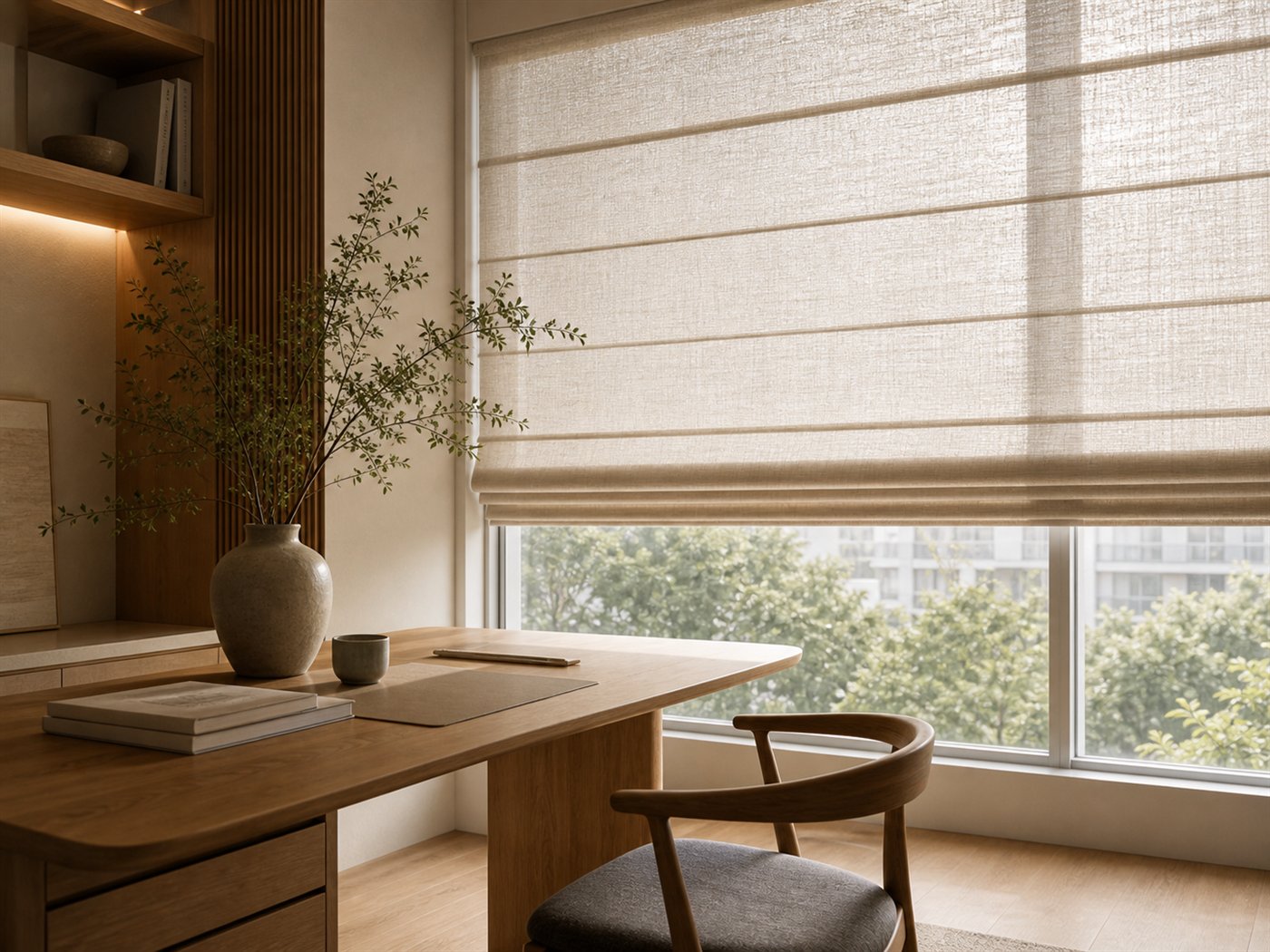 Japandi study with linen blinds
